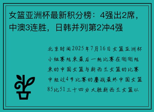 女篮亚洲杯最新积分榜：4强出2席，中澳3连胜，日韩并列第2冲4强